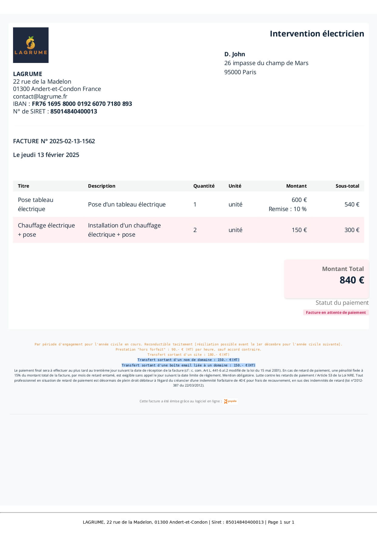 Exemple de Facture Électricien : Modèles PDF, Word & Excel Gratuits | Yoyolo