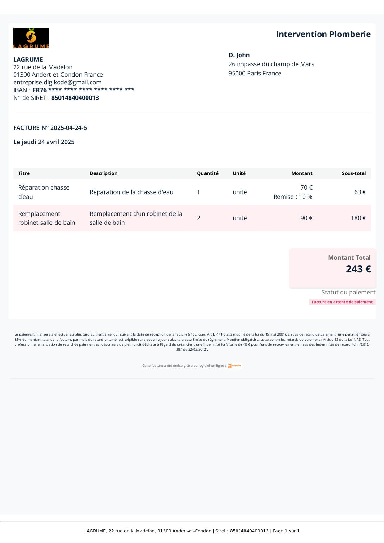 Exemple Facture Plombier : Modèle Gratuit avec et sans TVA | Yoyolo